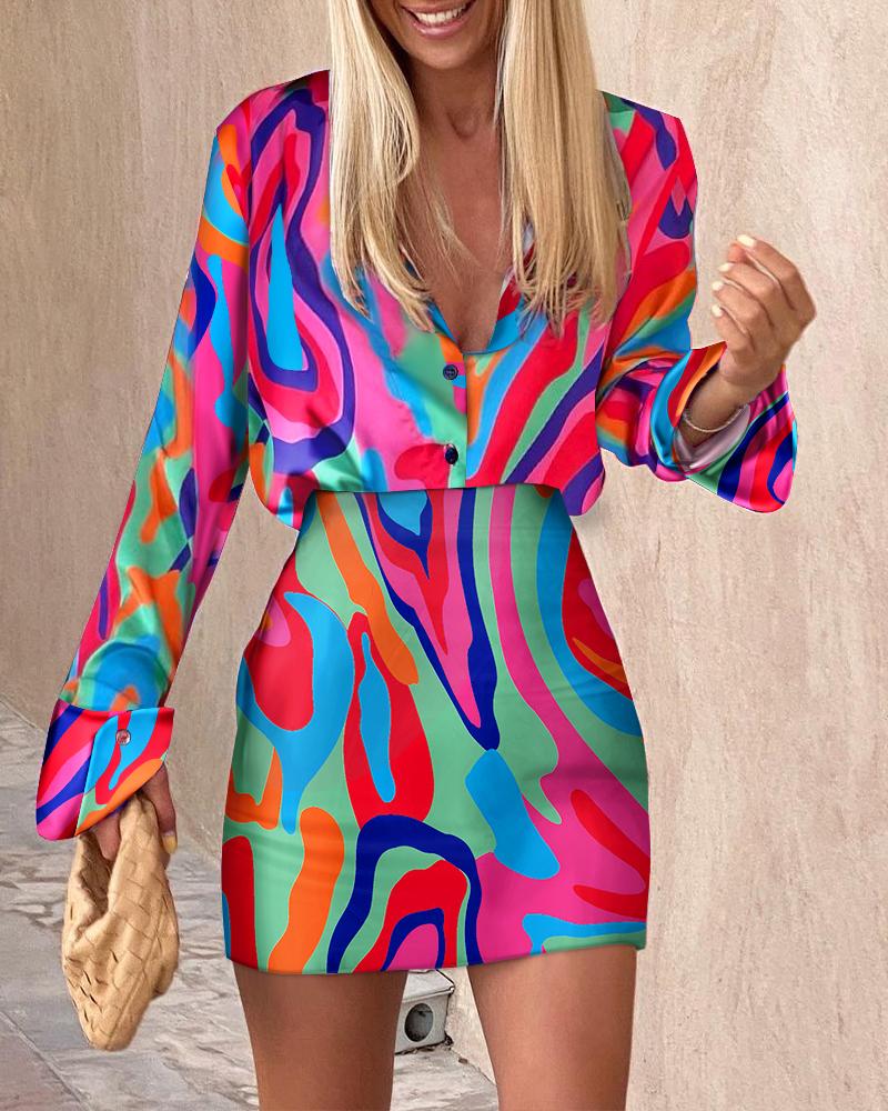 

Abstract Print Long Sleeve Button Down Shirt & Skirt Set, Multicolor