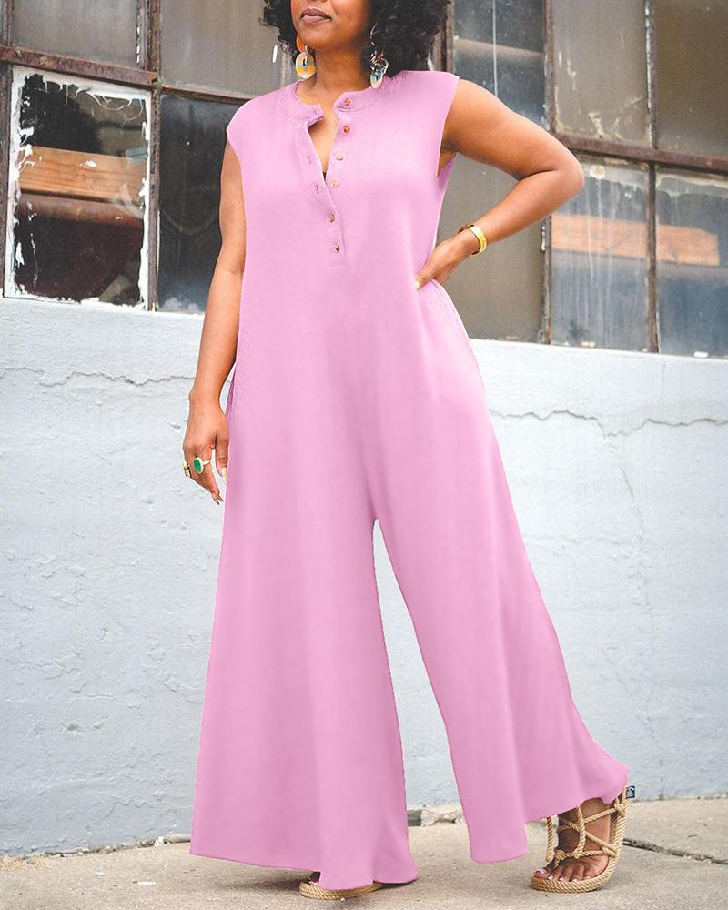 

Plus Size Buttoned Sleeveless Wide Leg Jumpsuit, Pink