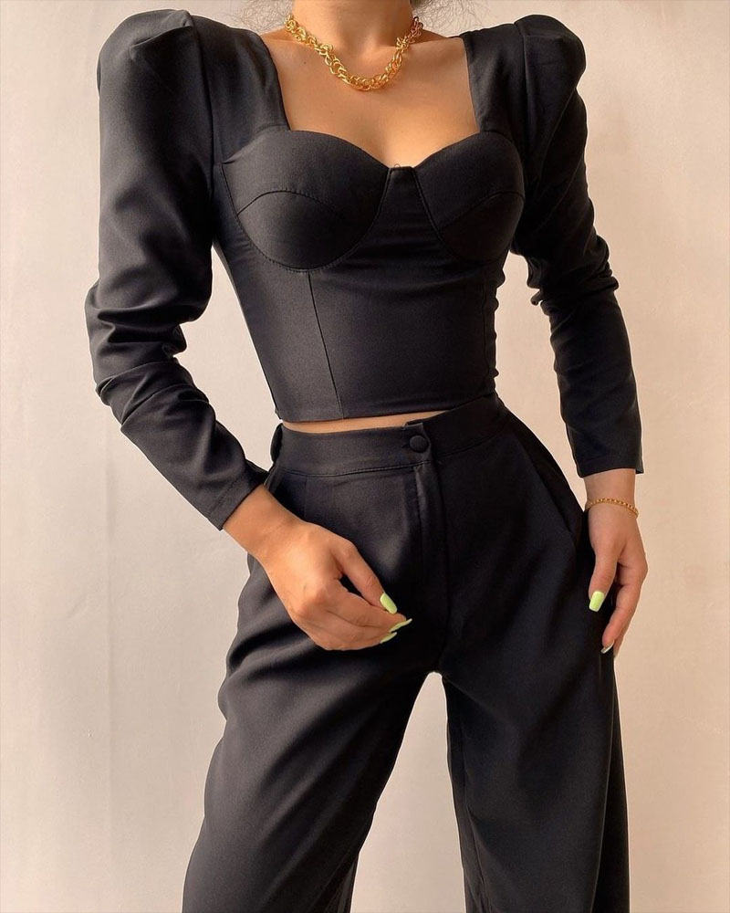 

Puff Sleeve Corset Crop Top, Black