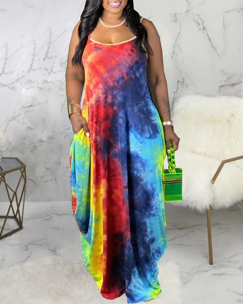 

Backless Tie Dye Print Spaghetti Strap Maxi Dress, Multicolor