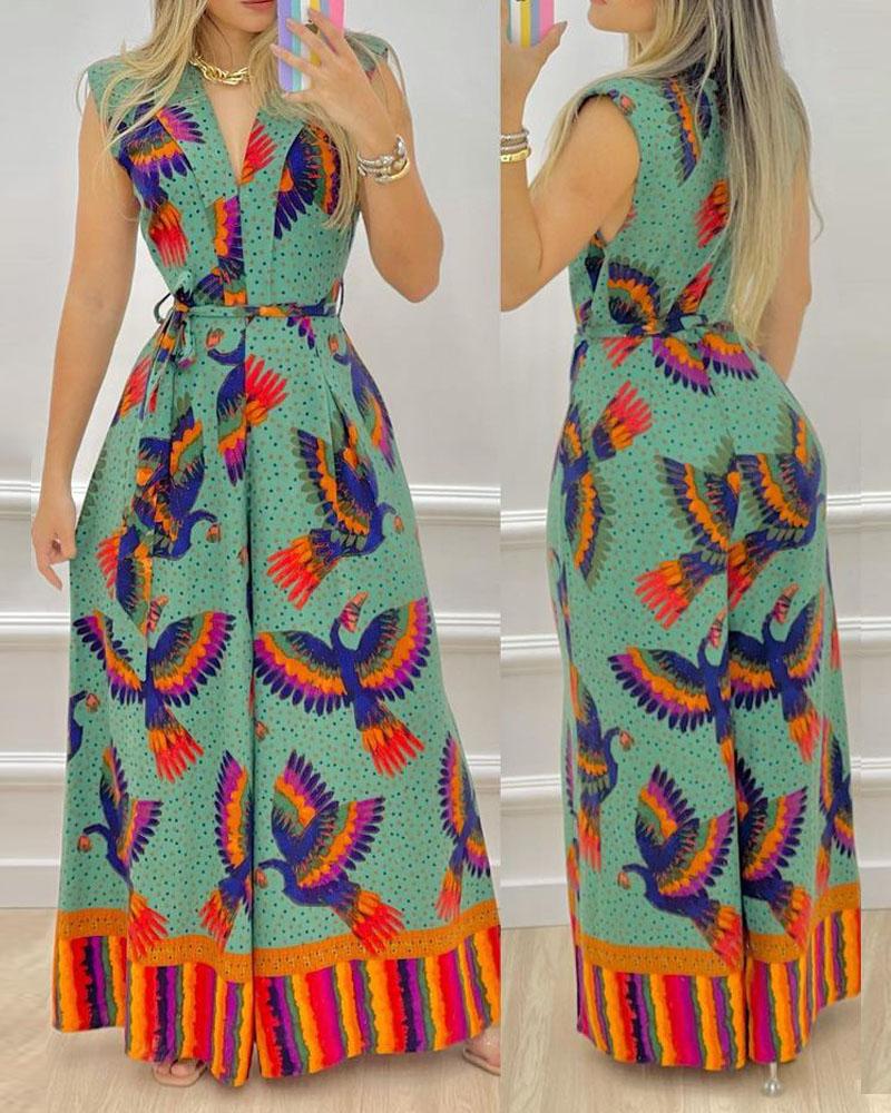 

Bird Print Plunging Neck Wide Leg Jumpsuit With Belt, Green