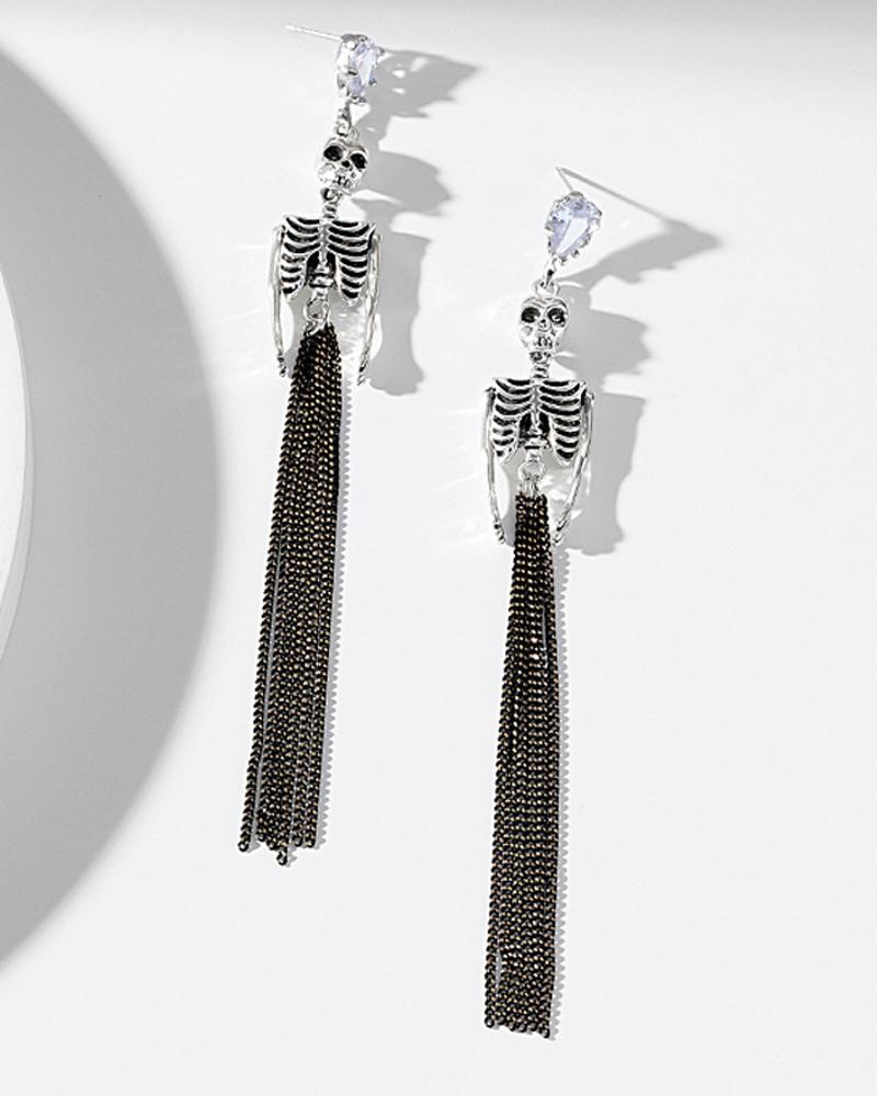 

1Pair Halloween Gothic Skeleton Long Tassel Drop Earrings, Silver