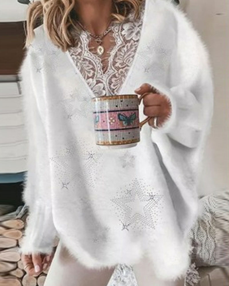 

Star Pattern Contrast Lace Lantern Sleeve Fluffy Sweater, White