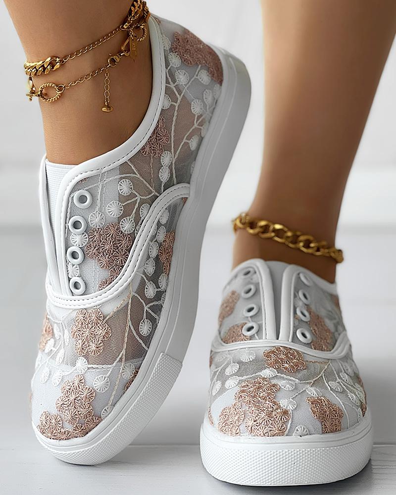 

Floral Embroidery Sheer Mesh Slip-On, Pink&white