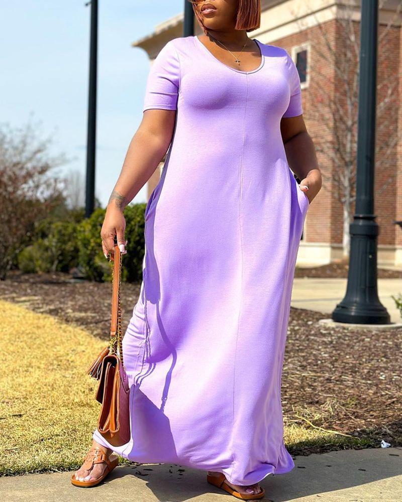 

V-Neck Short Sleeve Maxi Dress, Light purple