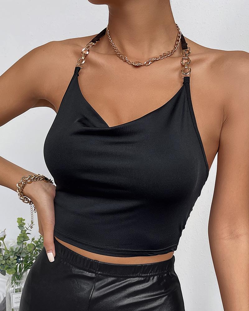 

Plain Chain Strap Cowl Neck Crop Top, Black