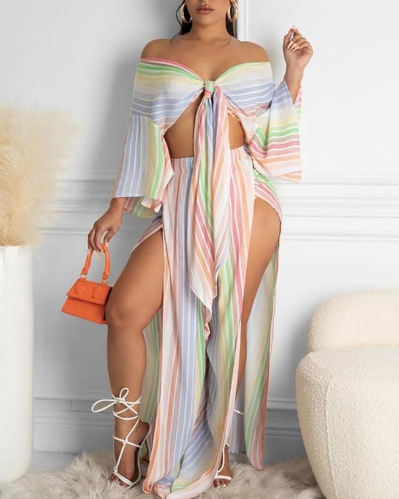 

Striped Off Shoulder Bell Sleeve Tie Front Top & Split Pants Set, Multicolor
