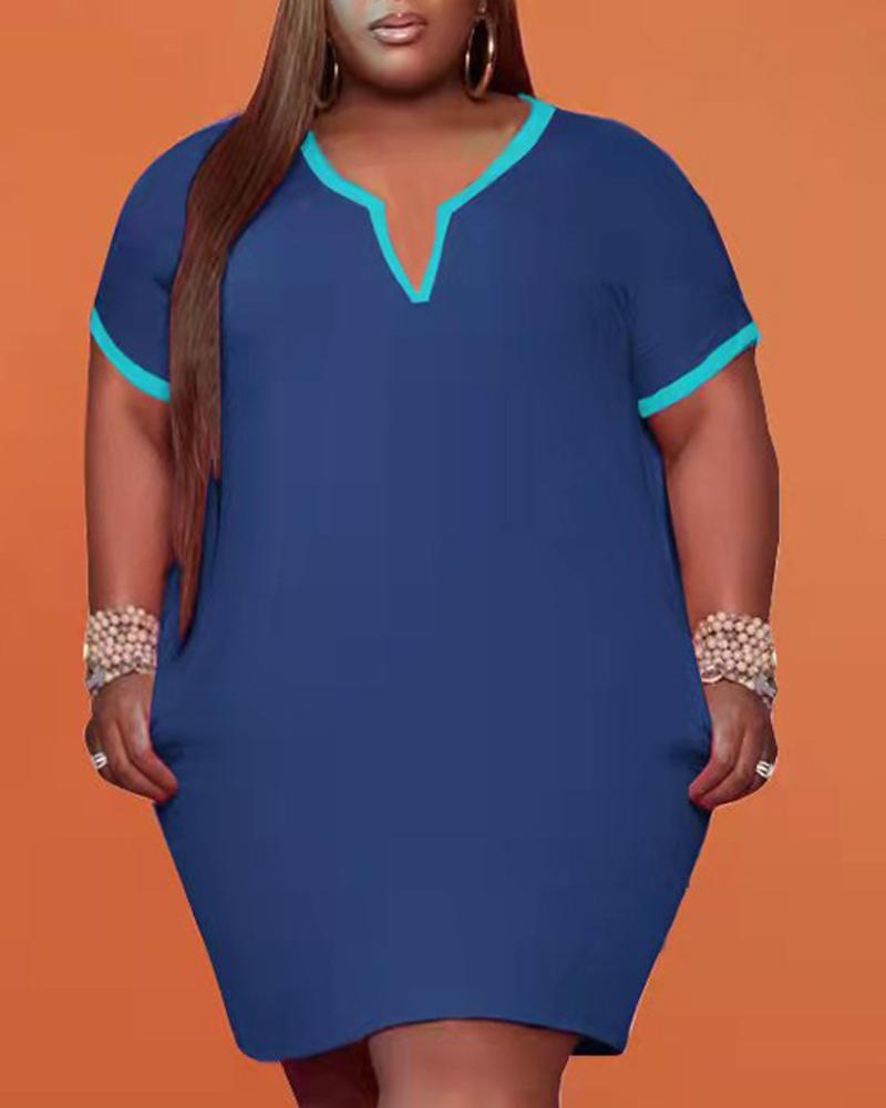 

Plus Size Contrast Binding V-Cut Casual Dress, Blue