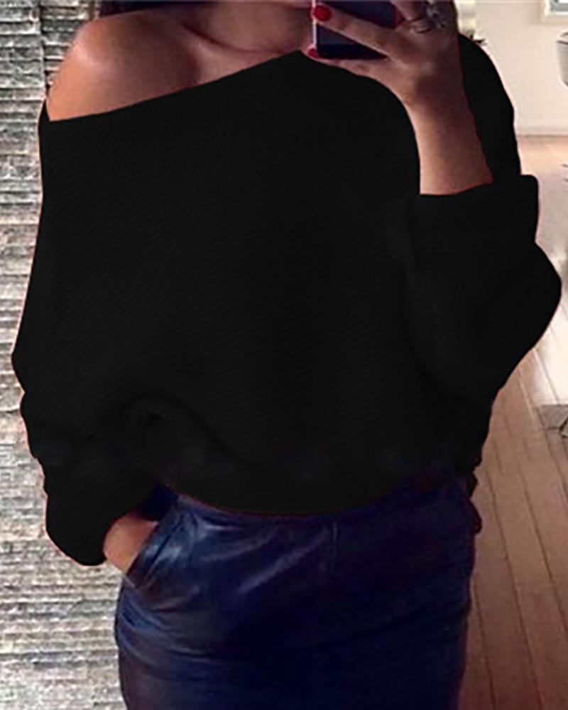 

One Shoulder Long Sleeve Knit Casual Sweater, Black