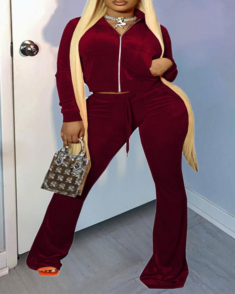 

Plus Size Velvet Zip Up Crop Top & Drawstring Pants Set, Wine red