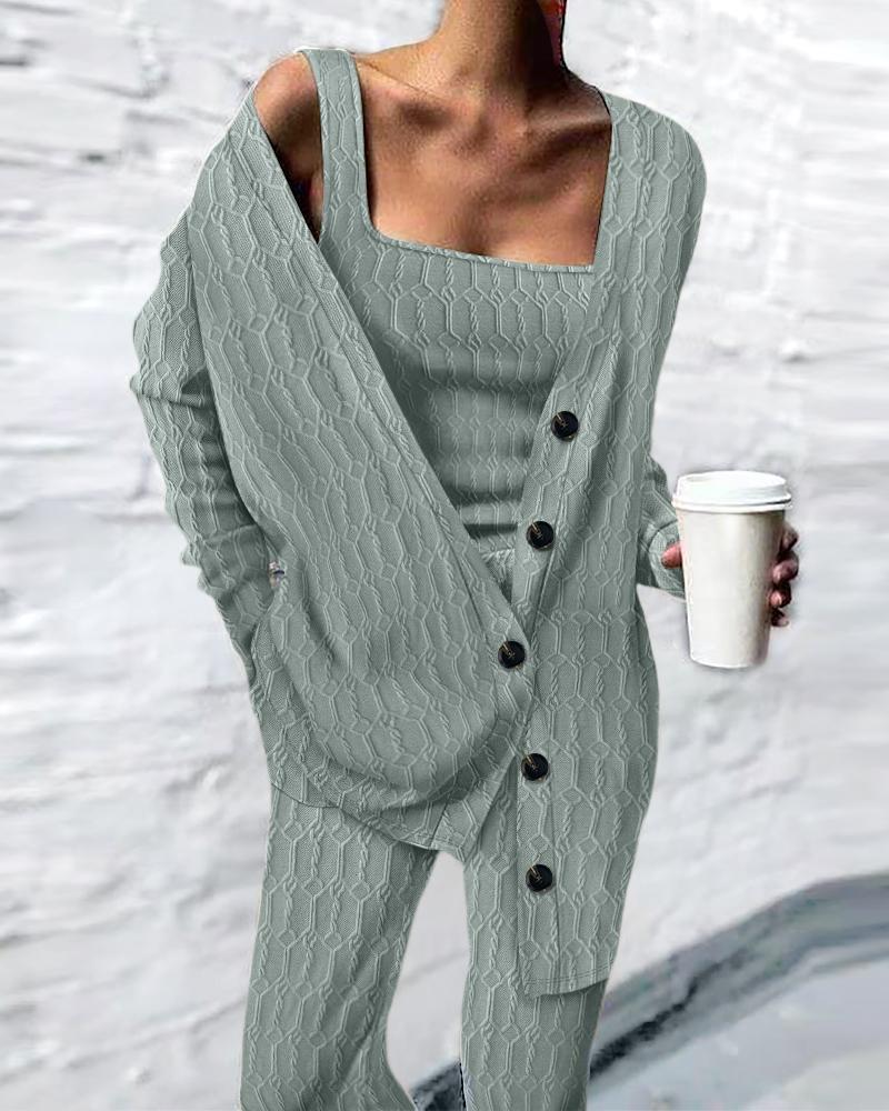 

Cable Textured Tank Top & Pants Set With Cardigan, Green