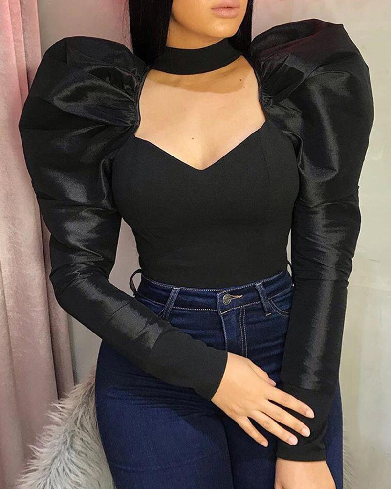 

Solid Puffed Sleeve Cut Out Chest Women Blouse, Black
