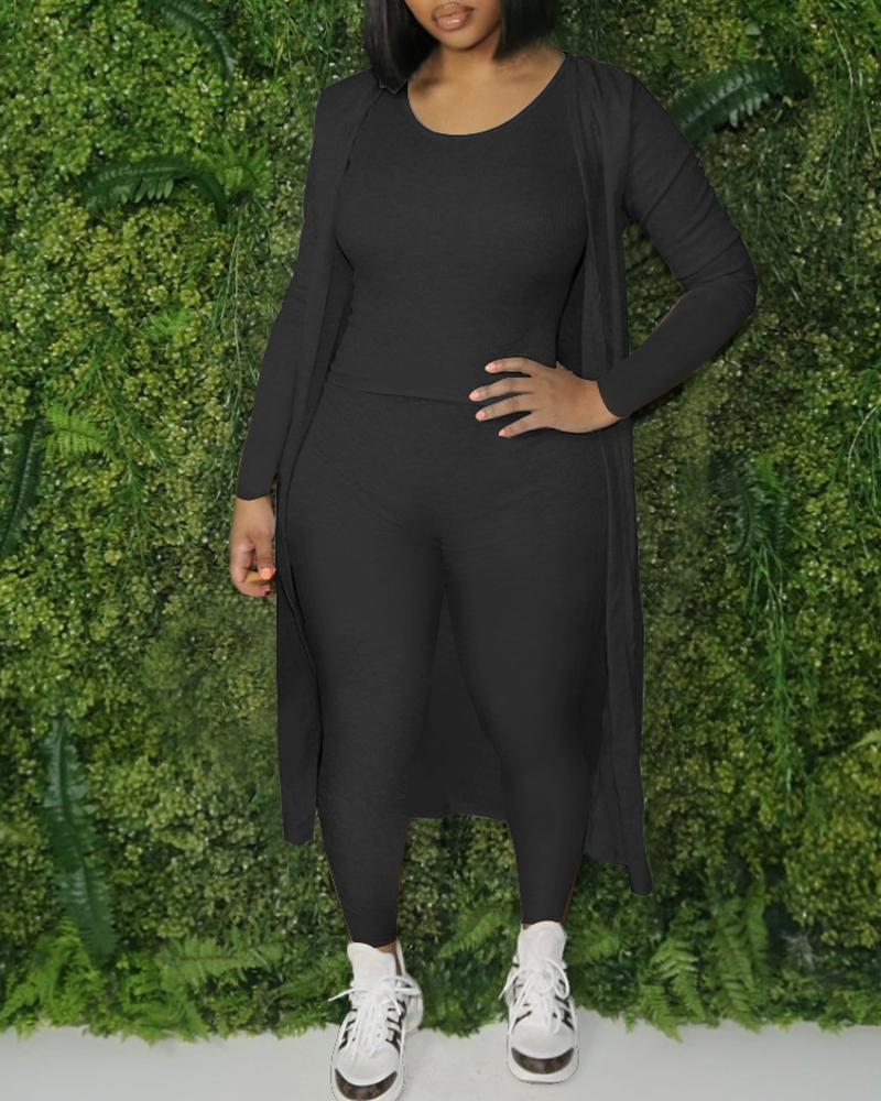 

Tank Top & High Waist Pants Set With Coat, Black