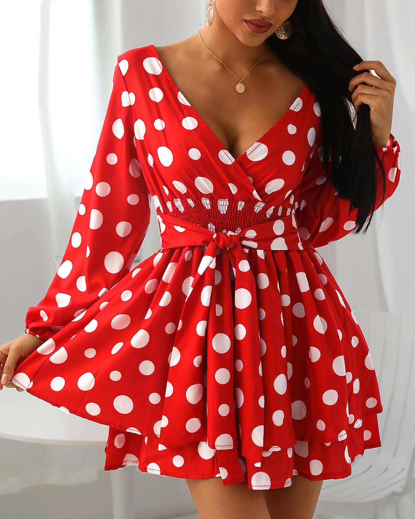 

V-Neck Polka Dot Long Sleeve Dress, Red