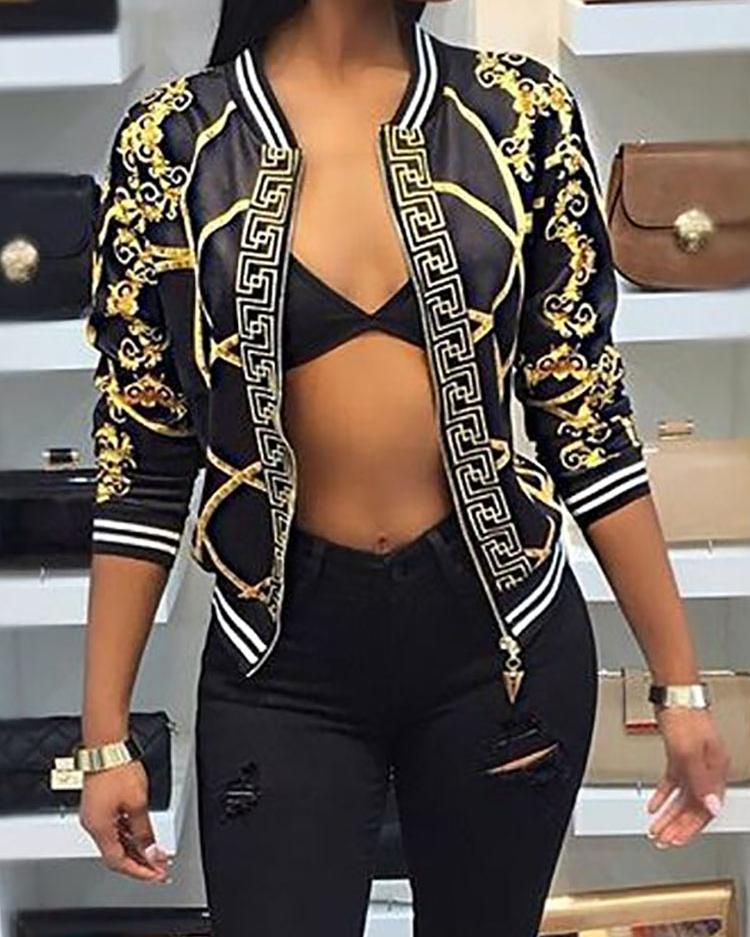 

Digital Print Stripes Binding Zipper Front Casual Jacket, Black