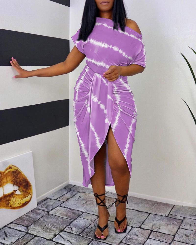 

Tie Dye Print Ruched Slit Casual Dress, Purple