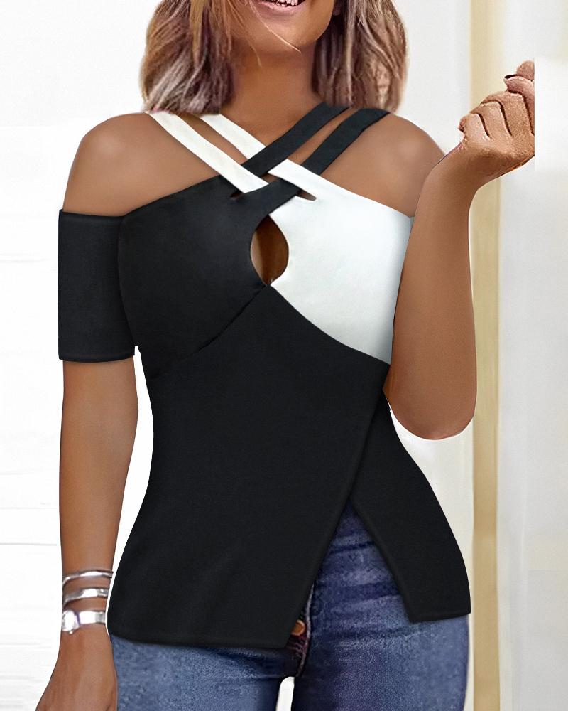 

Cold Shoulder Crisscross Cutout Cold Shoulder Top, Blackwhite