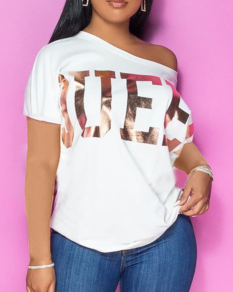 

Letter Print Short Sleeve Round Neck T-shirt, White