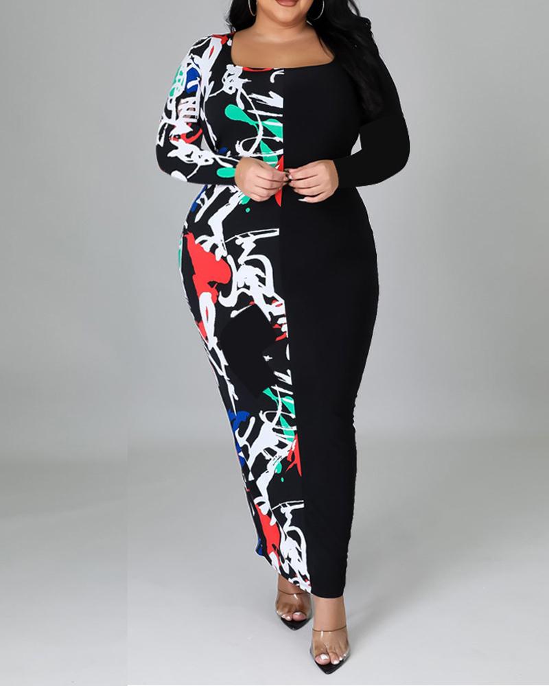 

Plus Size Abstract Print Long Sleeve Skinny Maxi Dress, Black