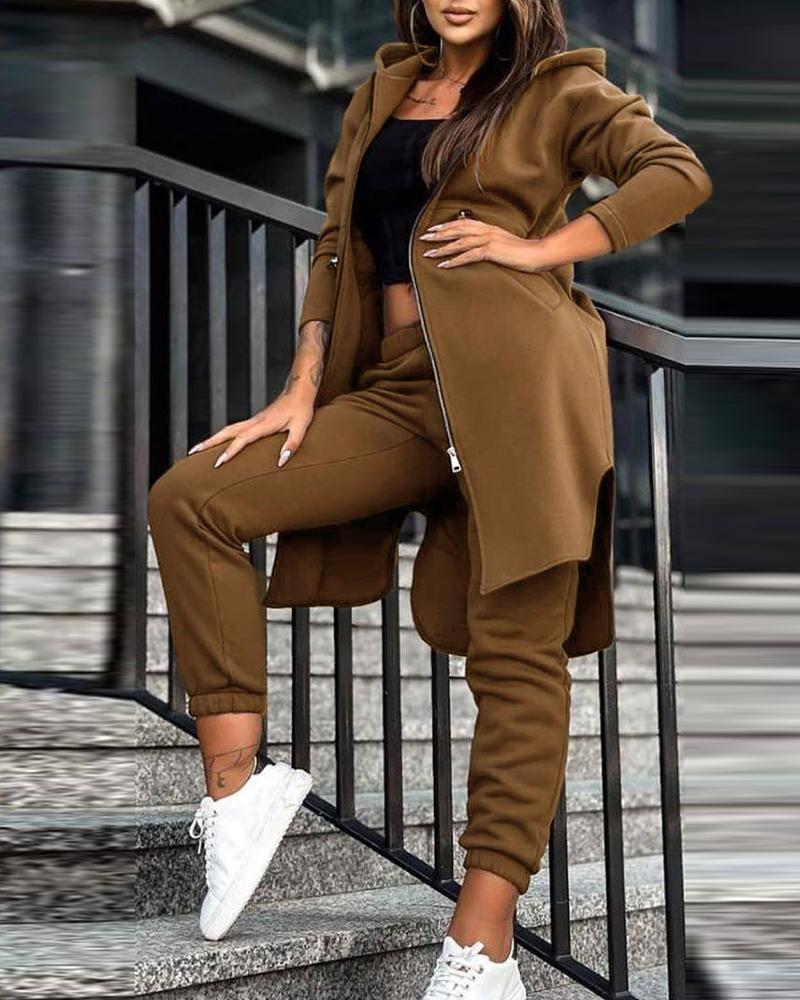 

Zipper Design Longline Hooded Coat & Cuffed Pants Set, Coffee