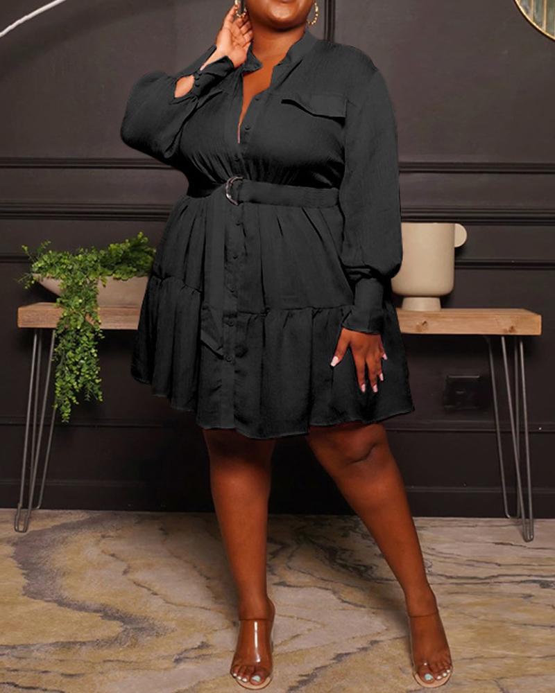 

Plus Size Long Sleeve Ruffle Hem Belted Shirt Dress, Black