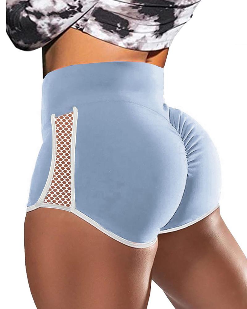 

High Waist Hollow Out Colorblock Butt Lifting Shorts, Lighted blue