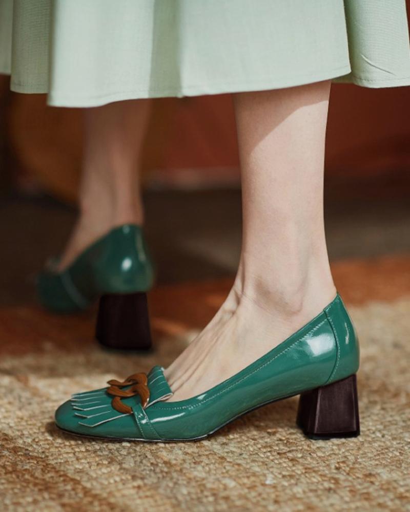 

Chain Tassel Design Square Toe Chunky Heels, Green