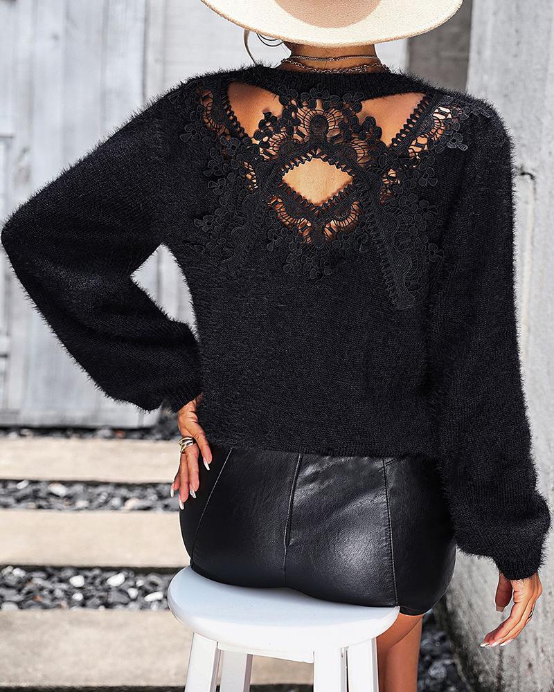 

Round Neck Cutout Crochet Lace Knit Sweater, Black