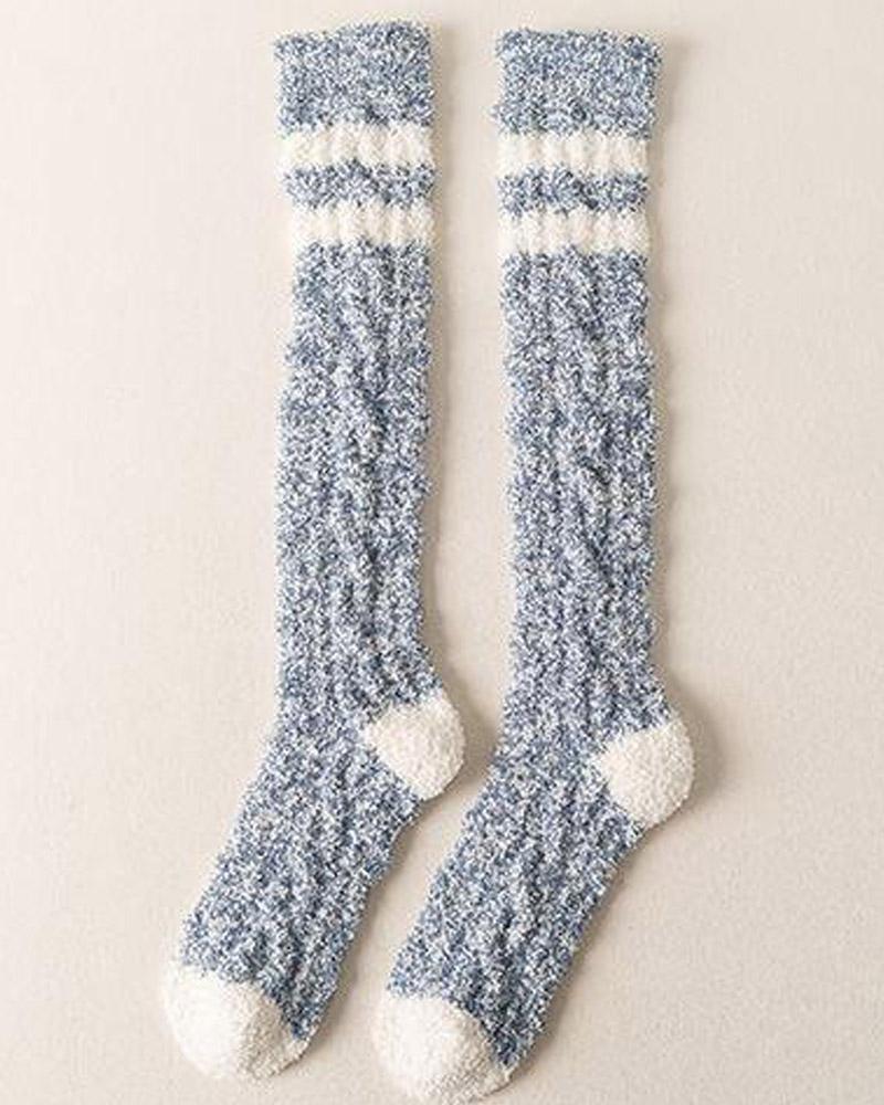

1Pair Contrast Paneled Over The Calf Fluffy Tube Socks, Blue