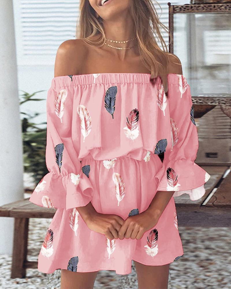 

Feather Print Off Shoulder Bell Sleeve Casual Dress, Pink