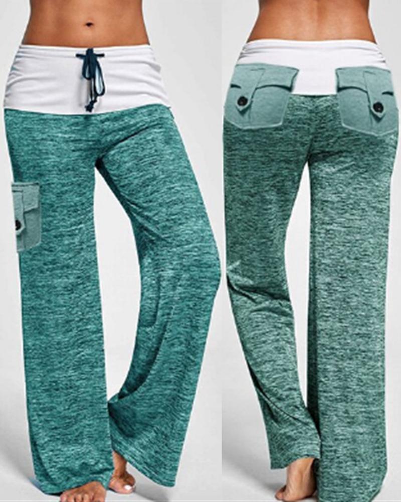 

Drawstring Colorblock Pocket Design Wide Leg Pants, Green