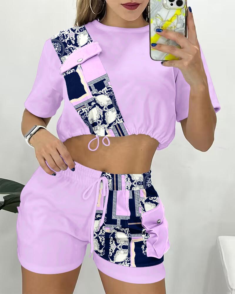 

Chain Print Colorblock Crop Top & Drawstring Shorts Set, Purple
