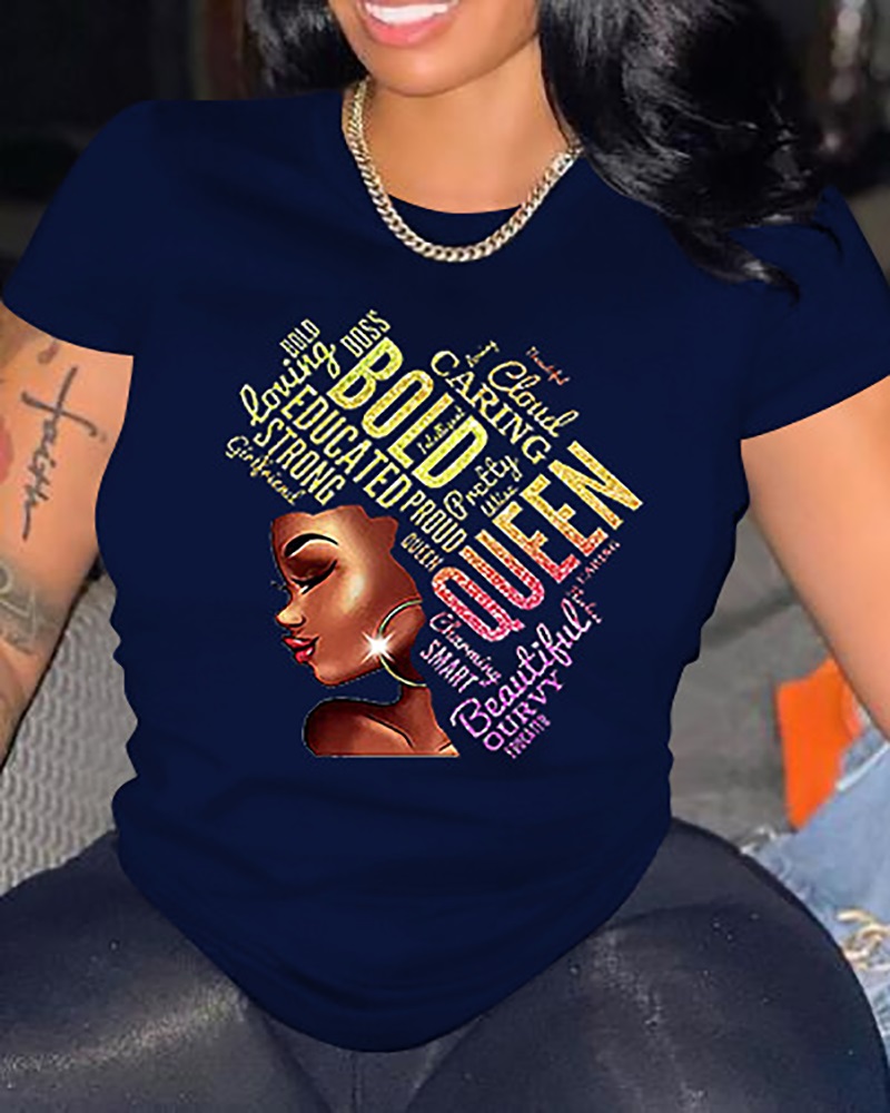 

Plus Size Figure Letter Print Casual T-shirt, Purplish blue