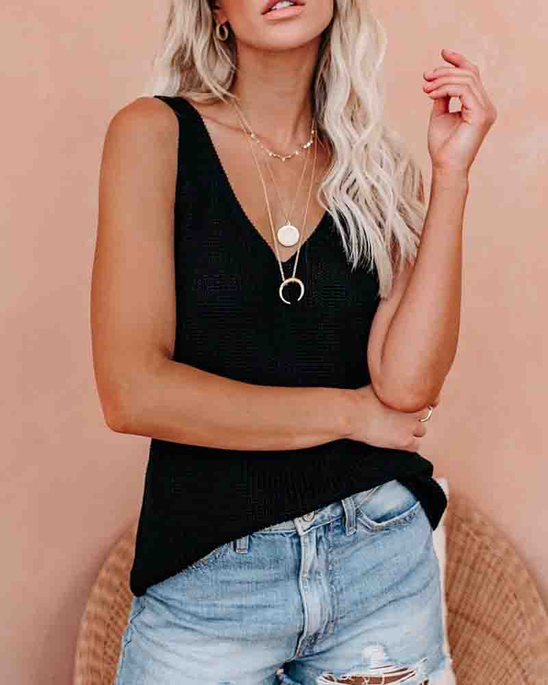 

V-Neck Knit Sleeveless Plain Basic Tank Top, Black