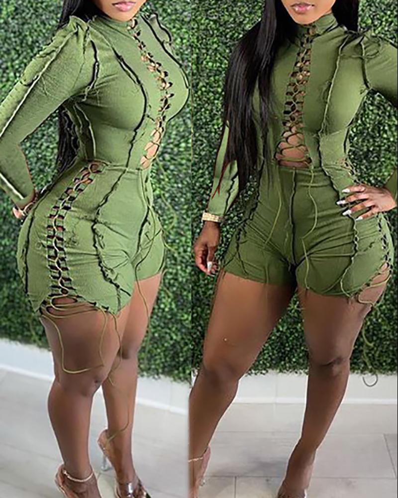 

Lace Up Long Sleeve Zipper Design Romper, Green