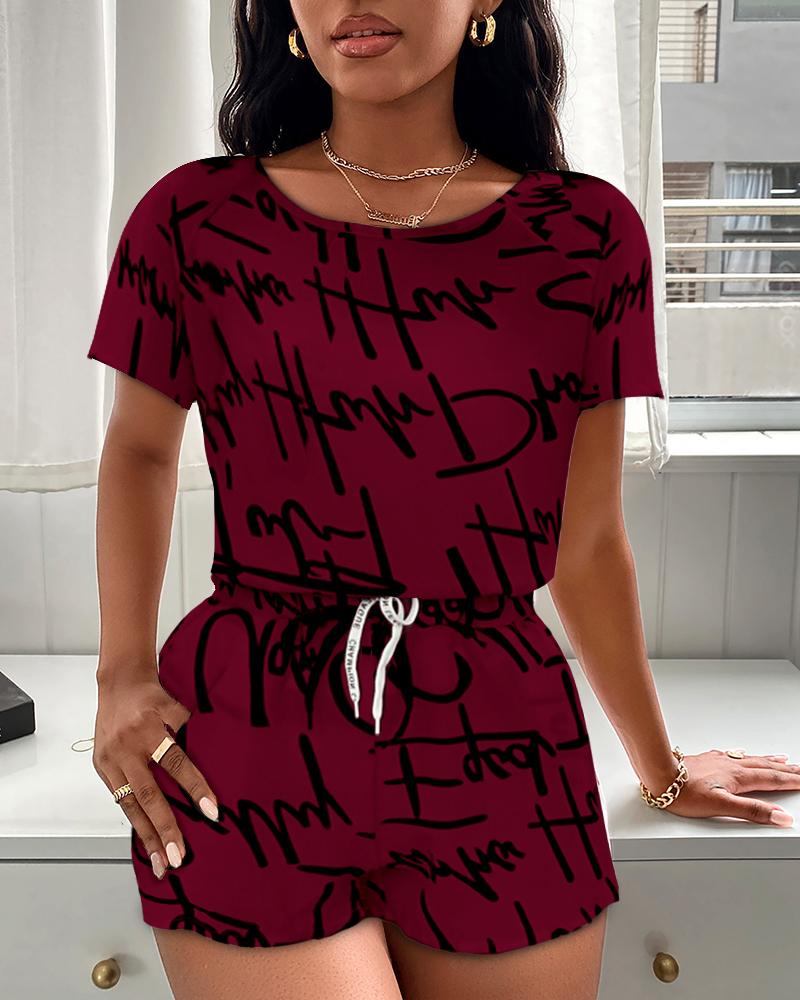 

Letter Print Short Sleeve Loose T-shirts With Drawstring Shorts Suit Sets, Wine red