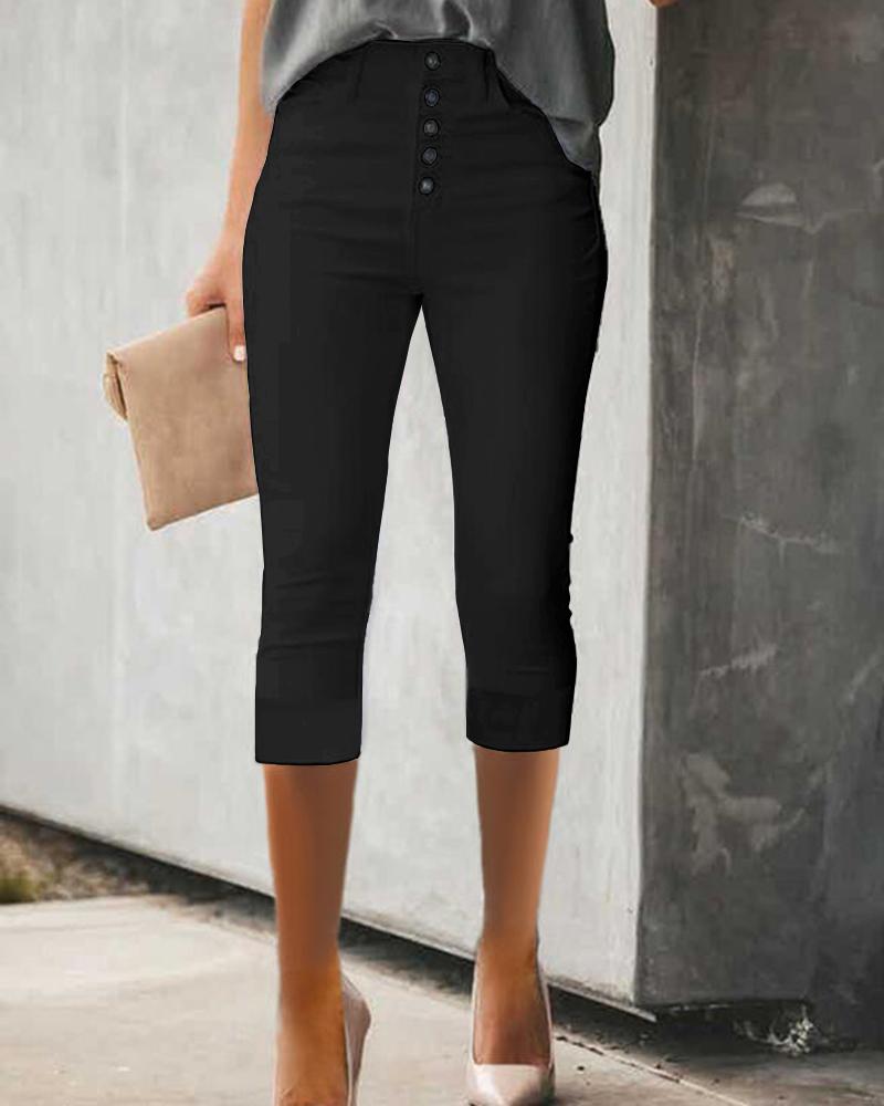 

Button Front High Waist Capris Pants, Black