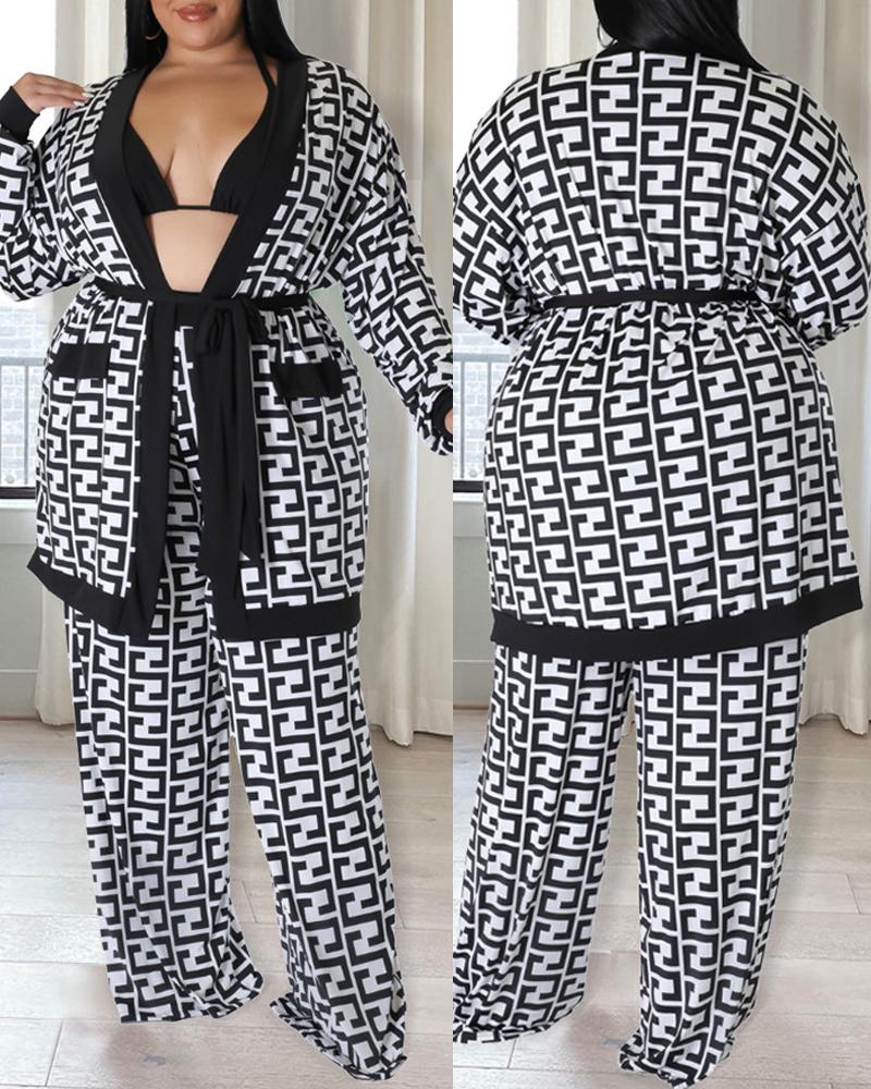 

Plus Size Geometric Print Long Sleeve Top & Pants Set, Blackwhite