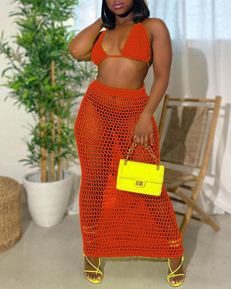 

Halter Backless Hollow-out Crochet Cover Up Set, Orange