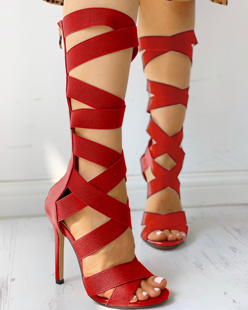 

Bandage Lace-Up Zipper Back Thin Heels, Red
