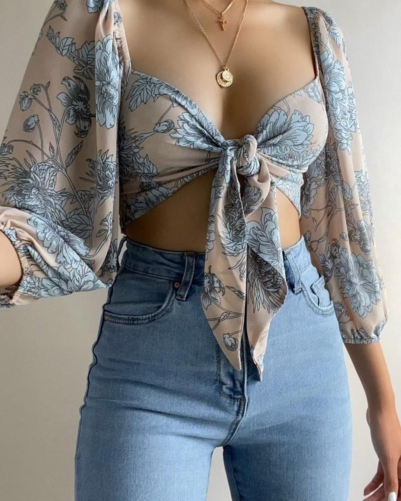 

Floral Print Knotted Front Lantern Sleeve Crop Top, Blue