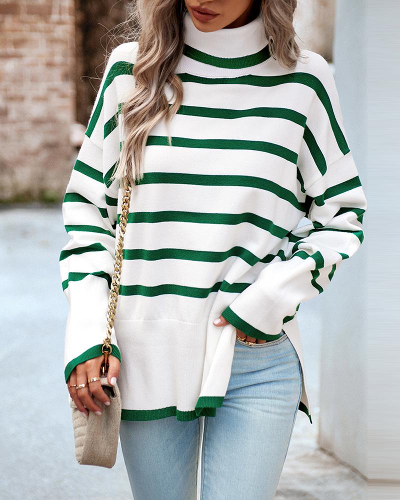 

Striped High Neck Side Slit Knit Sweater, Green