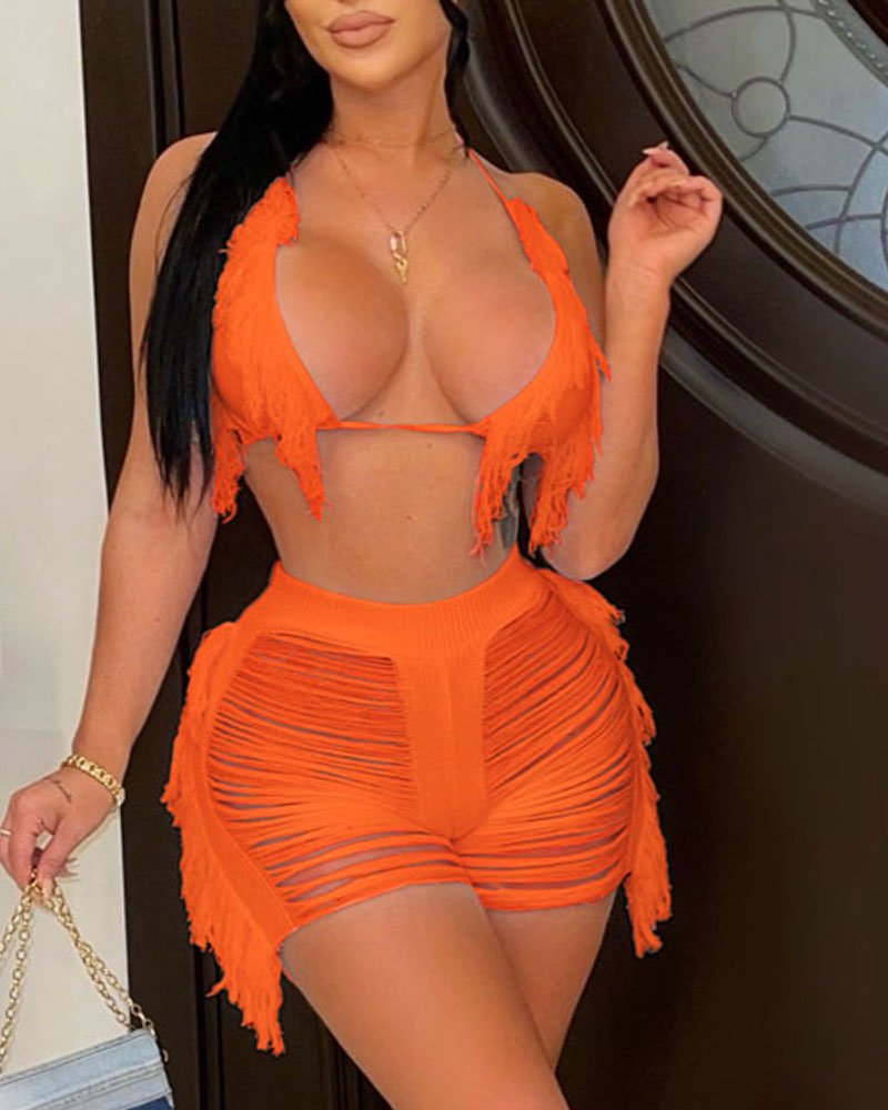 

Crochet Fringe Trim Halter Crop Top & Ripped Cover Up Shorts Set, Orange