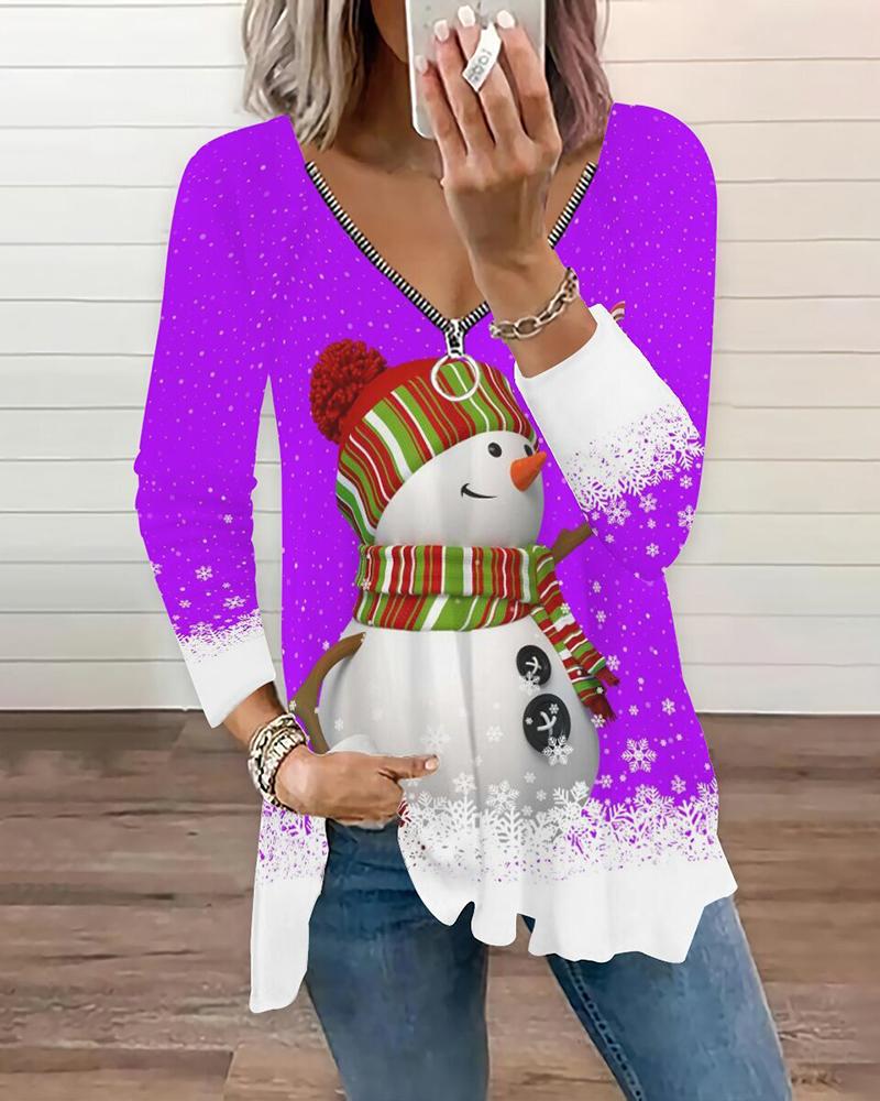 

Christmas Snowman Print Zipper Design Top, Dark purple