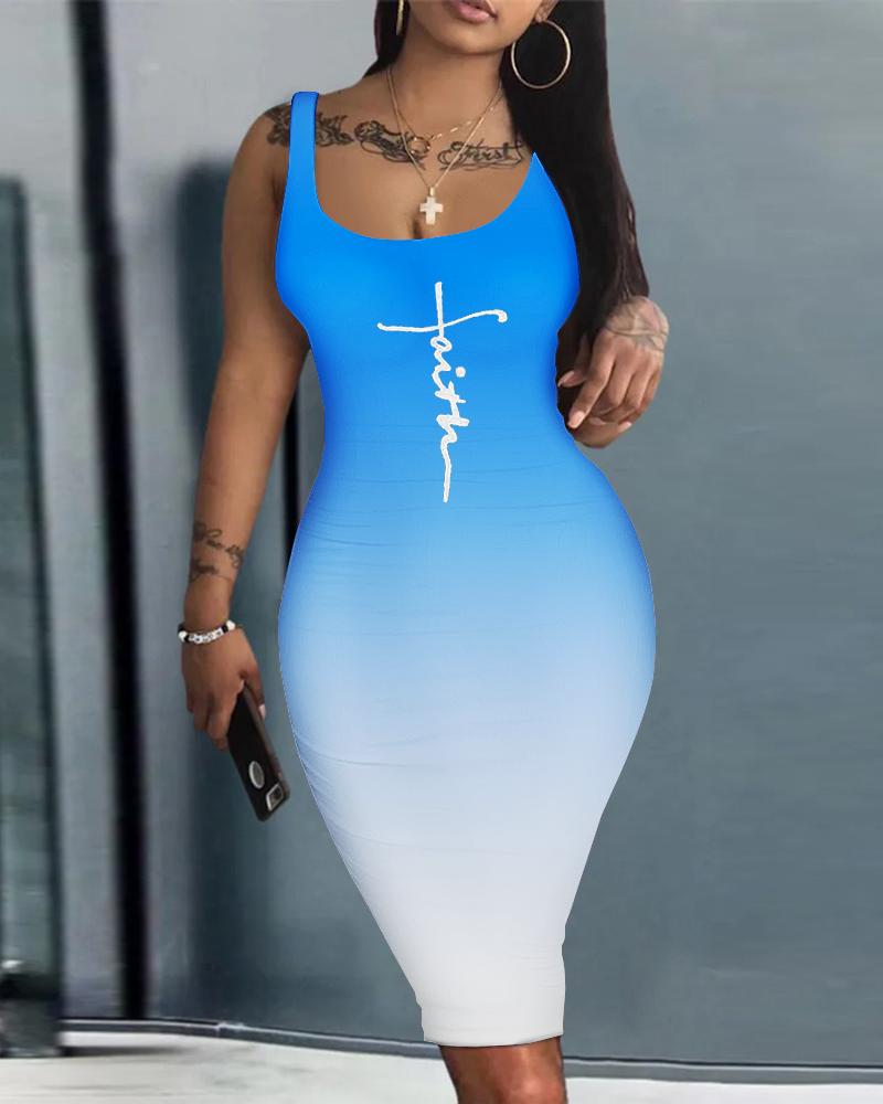 

Faith Letter Print Ombre Sleeveless Bodycon Dress, Blue
