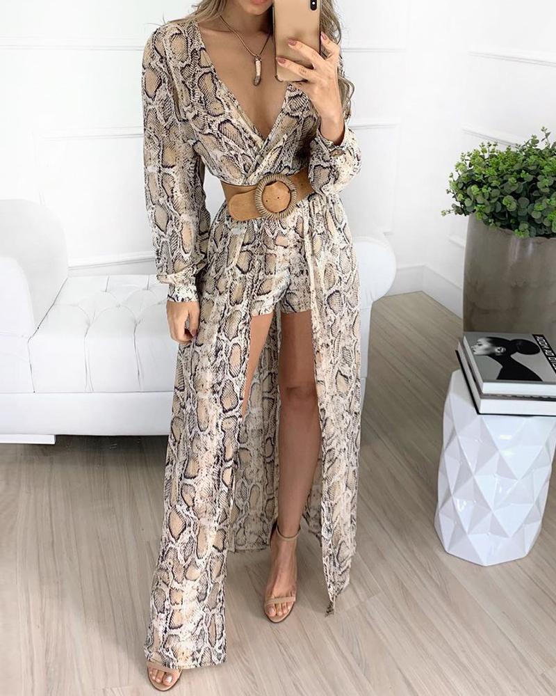 

Snakeskin Print Plunge Dip Hem Romper