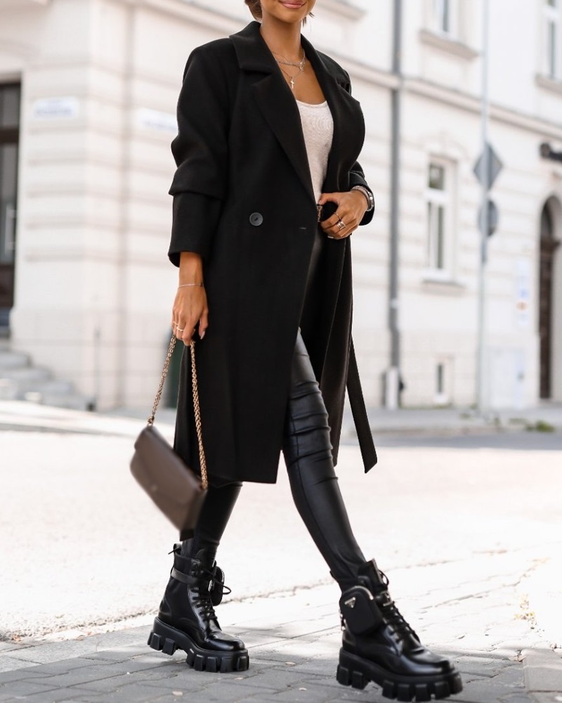 

Long Sleeve Double Breasted Belted Overcoat, Black