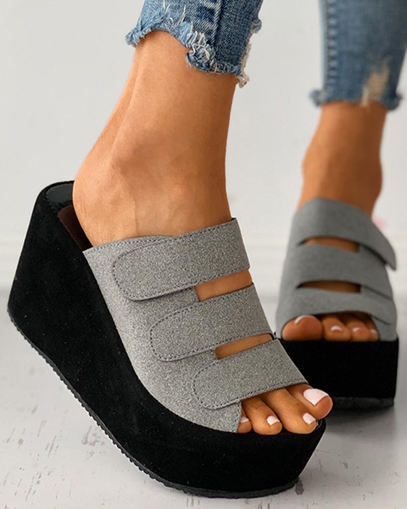 

Velcro Peep Toe Wedge Sandals, Gray