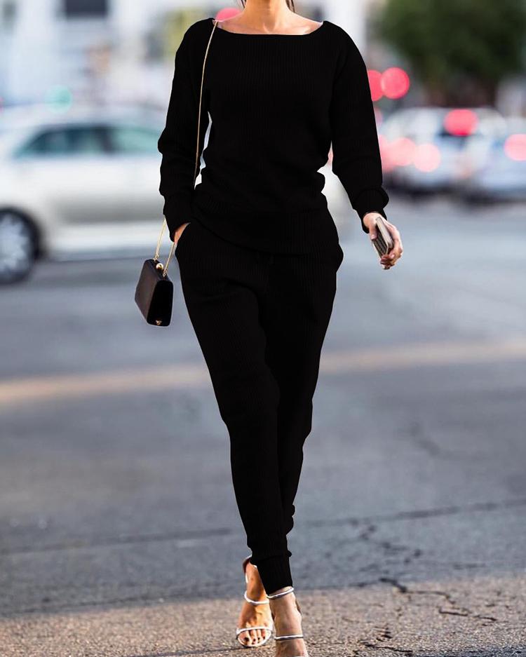 

Long Sleeve Drawstring Knitted Top & Pants Set, Black