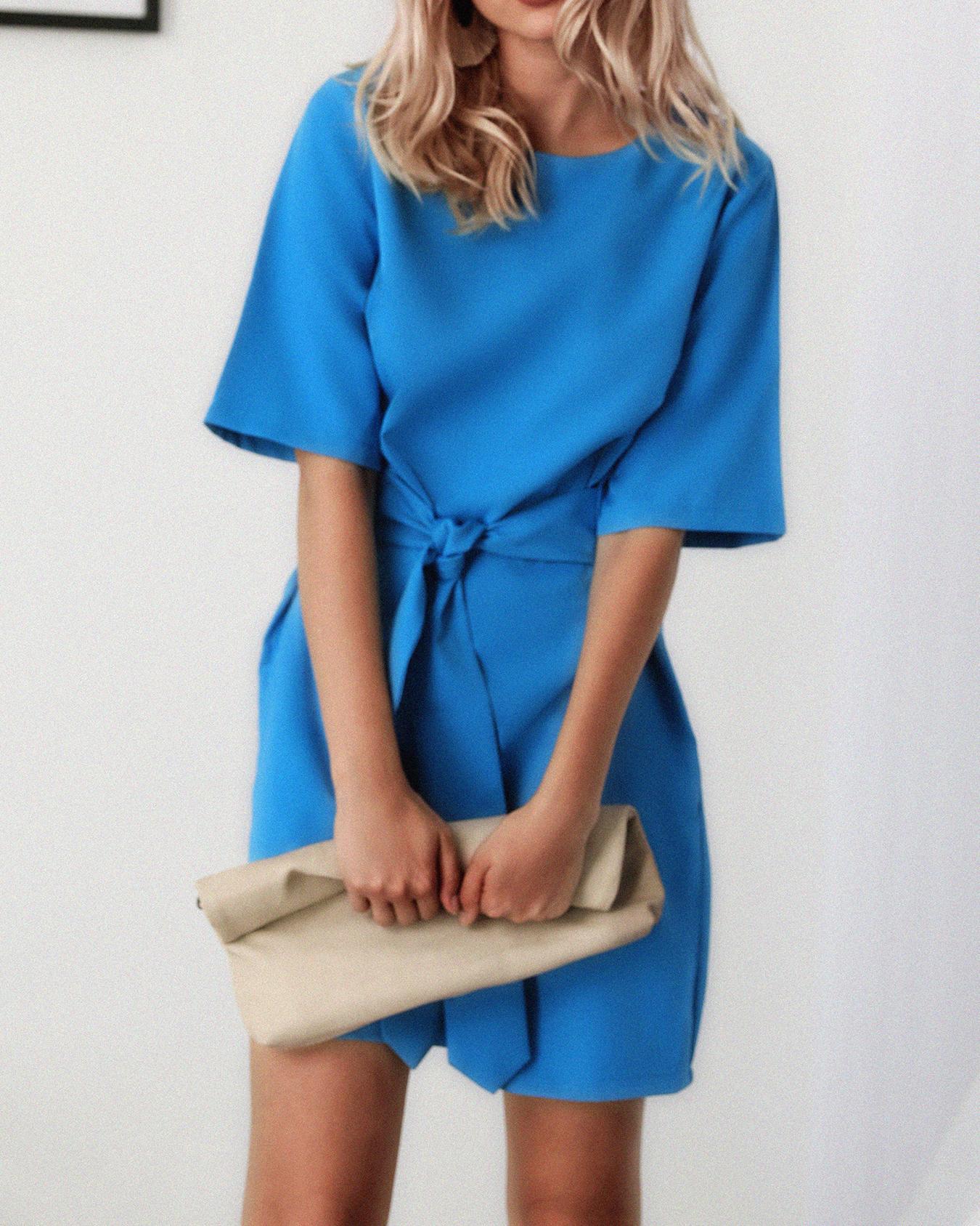 

Solid Short Sleeve Self-Belted Casual Dress, Blue